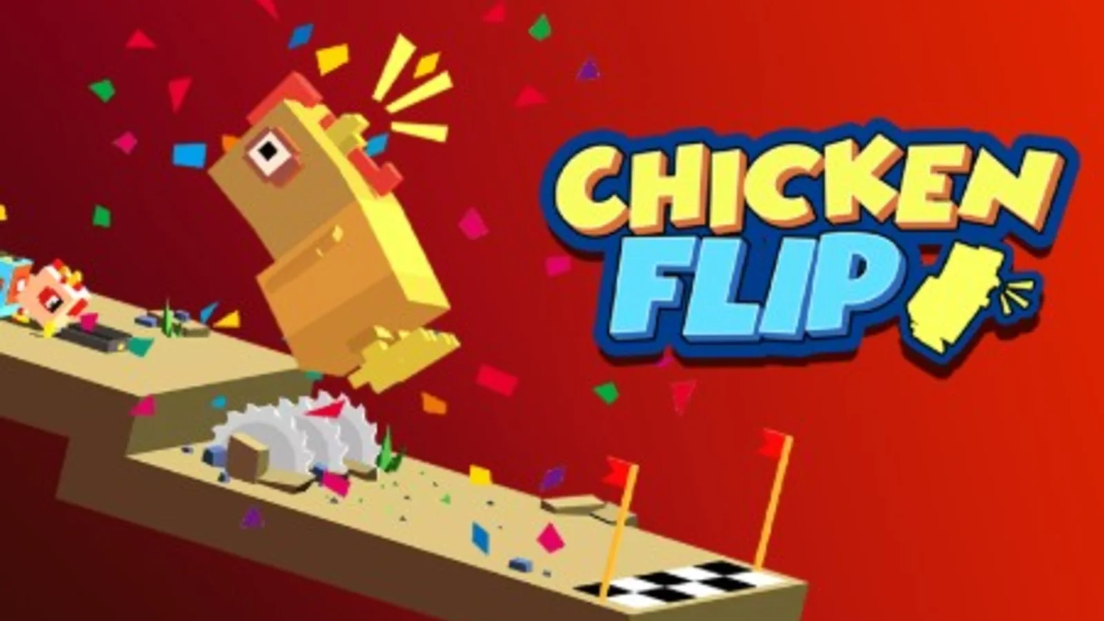 Chicken character preparing to land after a mid-air flip